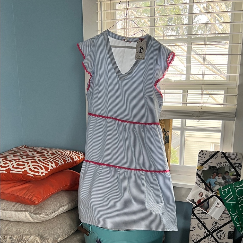 ANDREE BY UNIT Light Blue Pinstripe Midi Dress with Pink Trim
